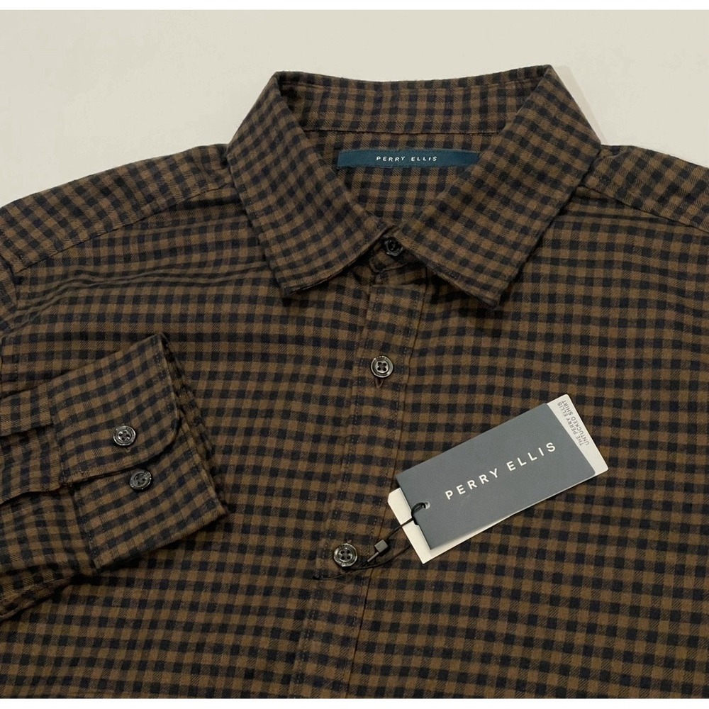 NEW Perry Ellis Flannel Shirt Men's Medium Brown Plaid Cotton Blend Rain Drum